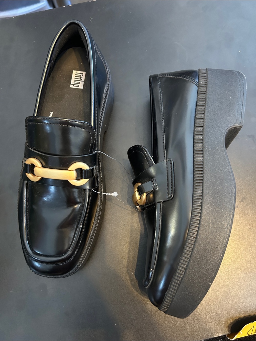 Fitflop Black Platform Loafers with Gold Horsebit Accent